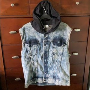 Distressed denim vest with hood